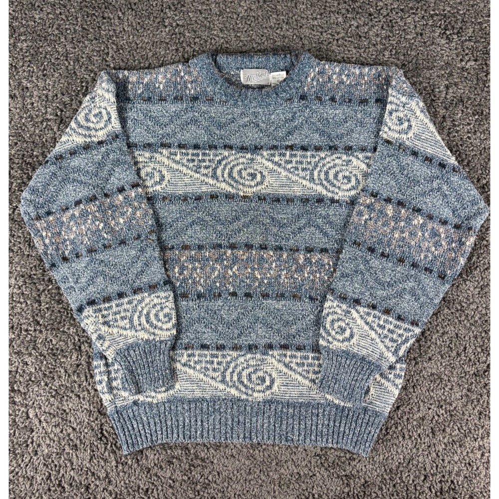 Vintage Method Blue Geometric Swirl Knit Crewneck Sweater XL Cotton Blend